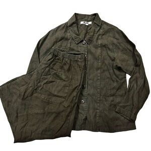 FLAX Linen Brown 2 Piece Shirt Pants Set Small Button Up Long Sleeve Spring